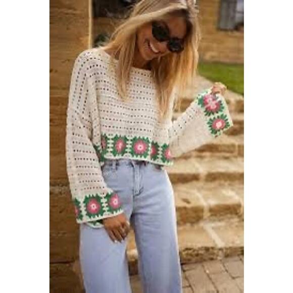 SINCERELY JULES White Green Square Granny Knitted Cottagecore Crop Sweater XL - Picture 1 of 8